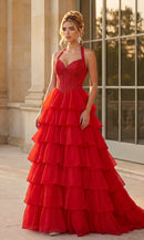 Red Chiffon and Glitter Mesh A-Line Halter Sweetheart Floor-Length Dress - Aabei Dress