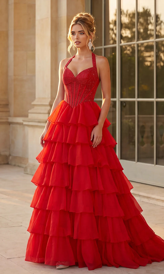 Red Chiffon and Glitter Mesh A-Line Halter Sweetheart Floor-Length Dress - Aabei Dress