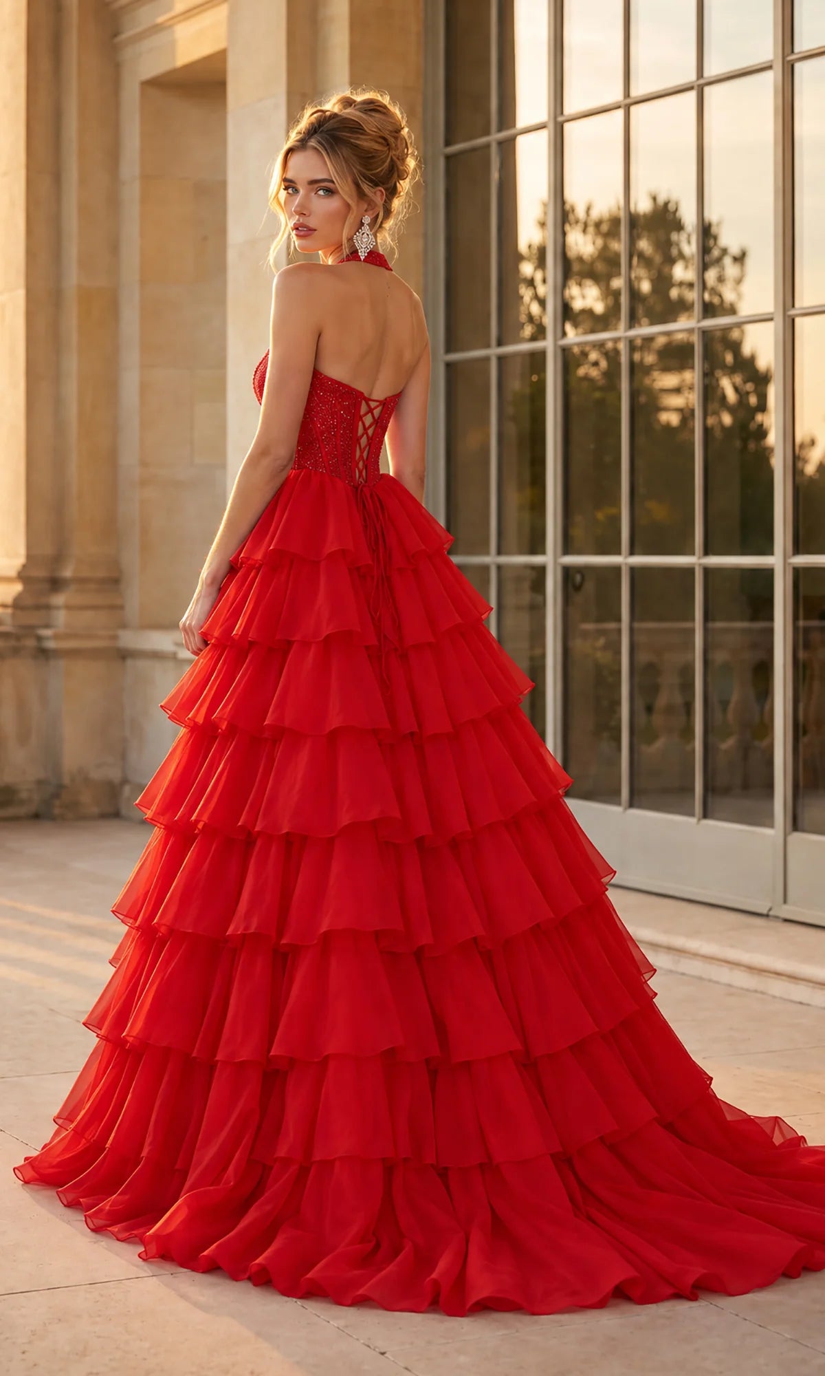 Red Chiffon and Glitter Mesh A-Line Halter Sweetheart Floor-Length Dress - Aabei Dress