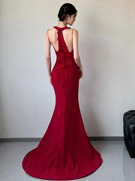 Red Crepe Mermaid High Neck Open Back Floor Length Dress Back View - Aabei Dress