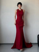Red Crepe Mermaid High Neck Open Back Floor Length Dress Front View - Aabei Dress