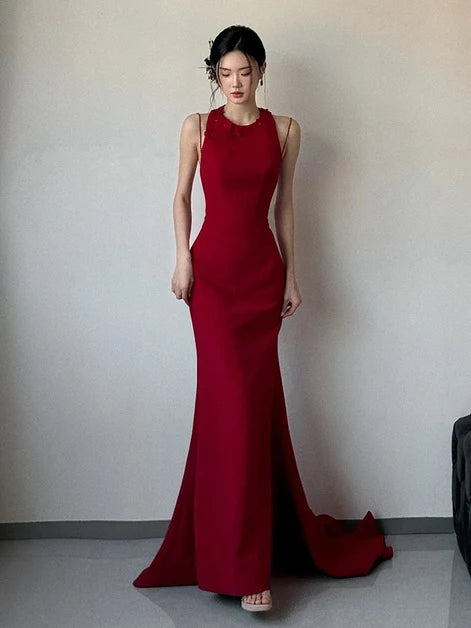 Red Crepe Mermaid High Neck Open Back Floor Length Dress Front View - Aabei Dress