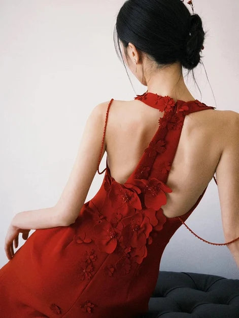 Red Crepe Mermaid High Neck Open Back Floor Length Dress - Aabei Dress