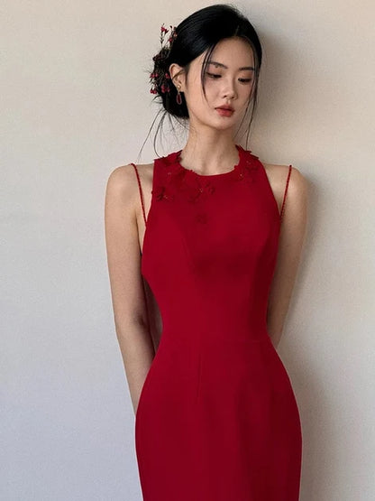 Red Crepe Mermaid High Neck Open Back Floor Length Dress - Aabei Dress