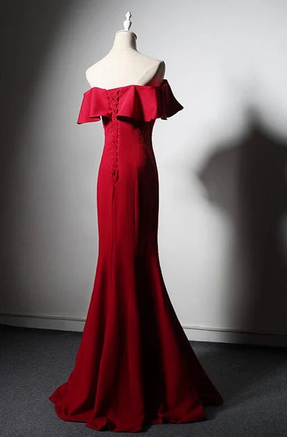 Red Crepe Mermaid Off-the-Shoulder Lace-up Floor-Length Dress Back View - Aabei Dress