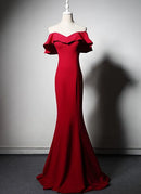 Red Crepe Mermaid Off-the-Shoulder Lace-up Floor-Length Dress Front View - Aabei Dress