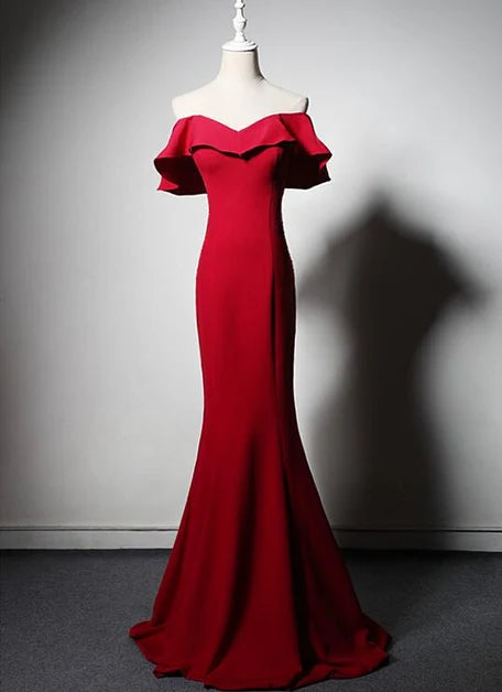 Red Crepe Mermaid Off-the-Shoulder Lace-up Floor-Length Dress Front View - Aabei Dress