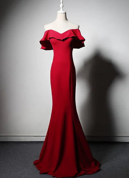 Red Crepe Mermaid Off-the-Shoulder Lace-up Floor-Length Dress Front View - Aabei Dress
