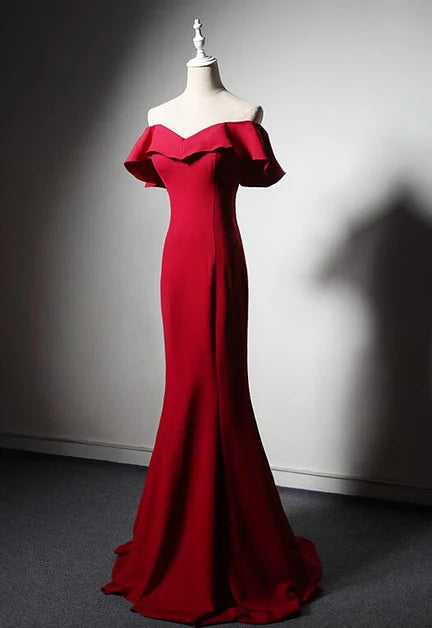 Red Crepe Mermaid Off-the-Shoulder Lace-up Floor-Length Dress - Aabei Dress