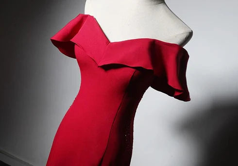 Red Crepe Mermaid Off-the-Shoulder Lace-up Floor-Length Dress - Aabei Dress
