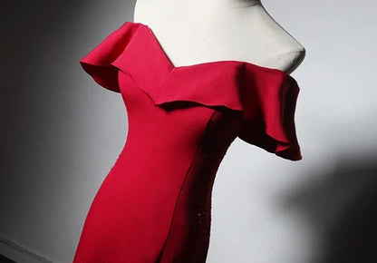 Red Crepe Mermaid Off-the-Shoulder Lace-up Floor-Length Dress - Aabei Dress