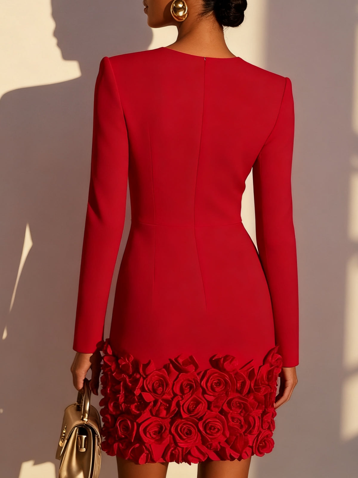 Red Crepe Sheath V-Neck Zipper Back Mini Dress Back View - Aabei Dress