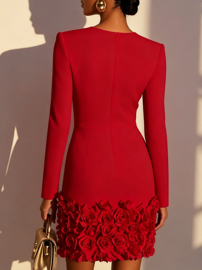 Red Crepe Sheath V-Neck Zipper Back Mini Dress Back View - Aabei Dress