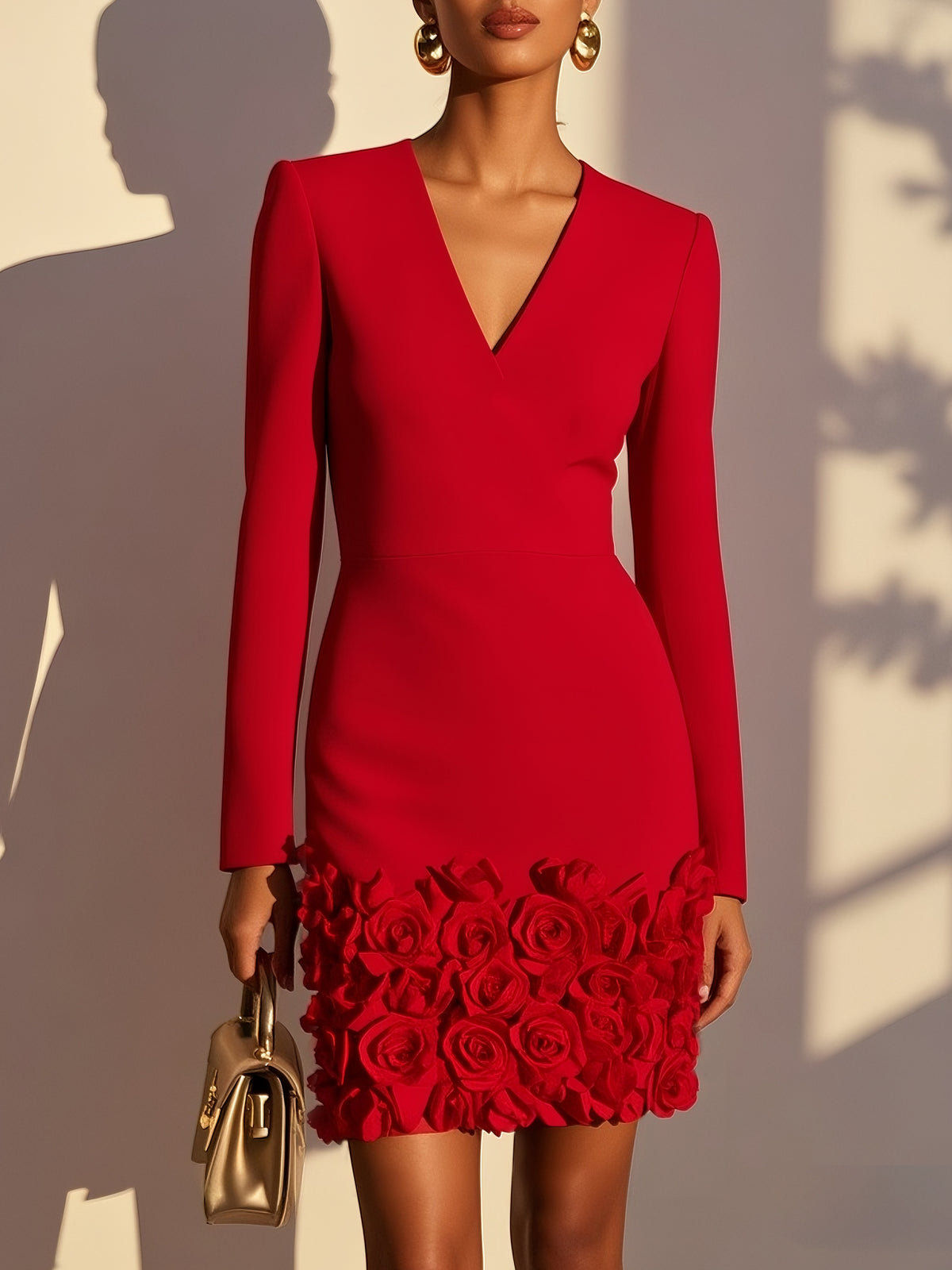 Red Crepe Sheath V-Neck Zipper Back Mini Dress Front View - Aabei Dress