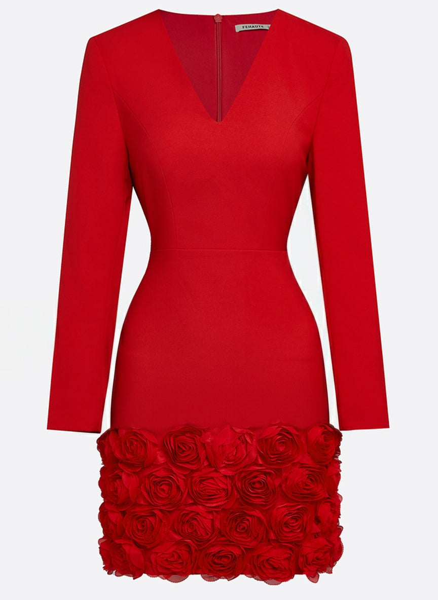 Red Crepe Sheath V-Neck Zipper Back Mini Dress - Aabei Dress
