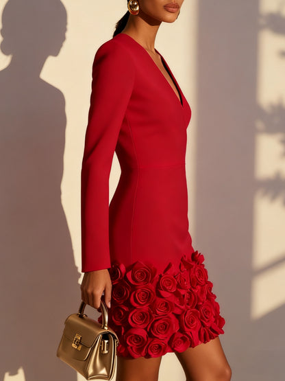 Red Crepe Sheath V-Neck Zipper Back Mini Dress - Aabei Dress