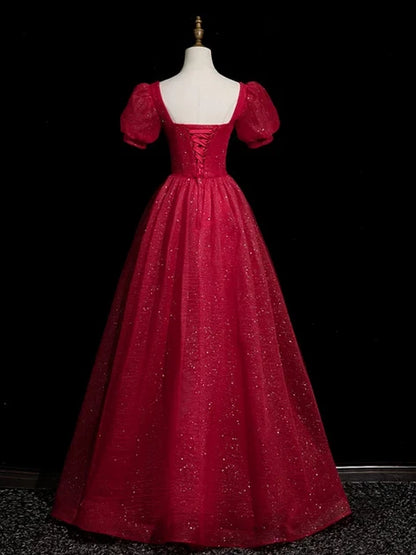 Red Glitter Fabric A-Line Sweetheart Lace-up Floor-Length Dress Back View - Aabei Dress