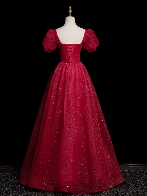 Red Glitter Fabric A-Line Sweetheart Lace-up Floor-Length Dress Back View - Aabei Dress