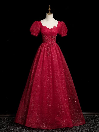 Red Glitter Fabric A-Line Sweetheart Lace-up Floor-Length Dress Front View - Aabei Dress