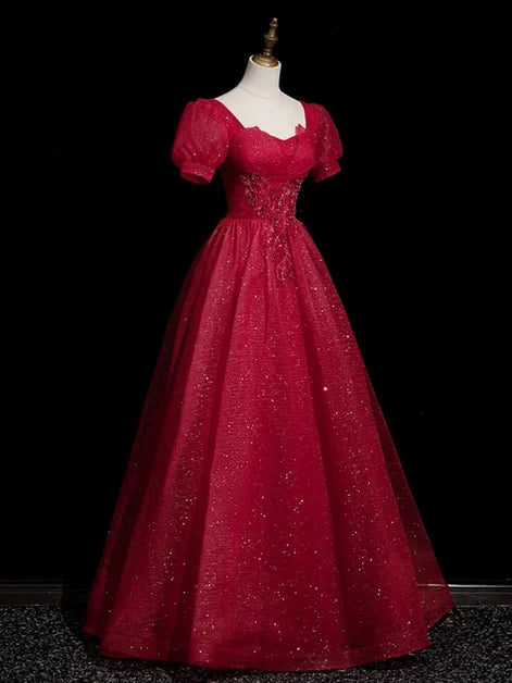Red Glitter Fabric A-Line Sweetheart Lace-up Floor-Length Dress - Aabei Dress