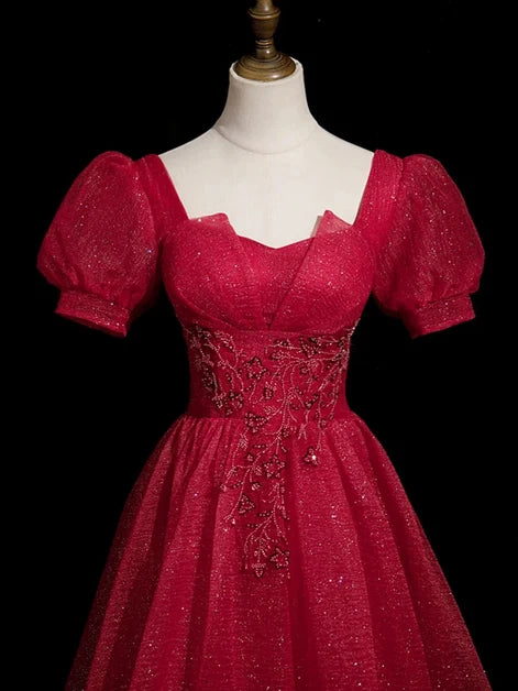 Red Glitter Fabric A-Line Sweetheart Lace-up Floor-Length Dress - Aabei Dress