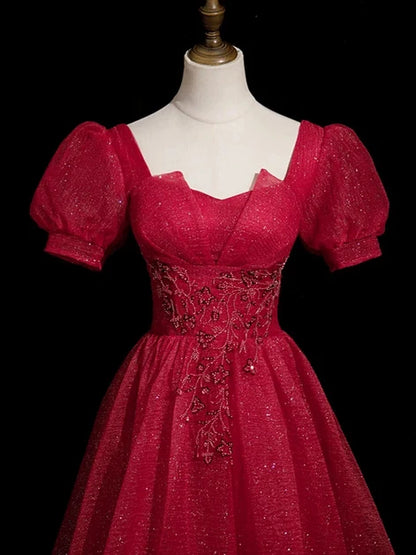 Red Glitter Fabric A-Line Sweetheart Lace-up Floor-Length Dress - Aabei Dress