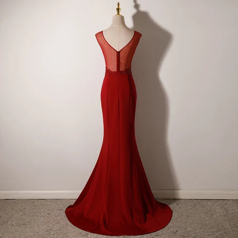 Red Lace and Crepe Mermaid V-Neck Illusion V-Back Floor-Length Dress Back View - Aabei Dress