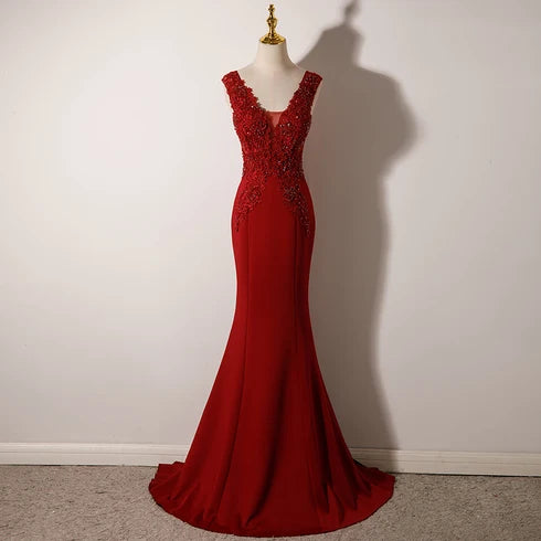 Red Lace and Crepe Mermaid V-Neck Illusion V-Back Floor-Length Dress Front View - Aabei Dress