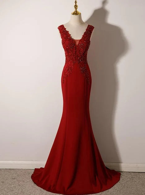 Red Lace and Crepe Mermaid V-Neck Illusion V-Back Floor-Length Dress - Aabei Dress
