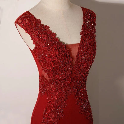 Red Lace and Crepe Mermaid V-Neck Illusion V-Back Floor-Length Dress - Aabei Dress