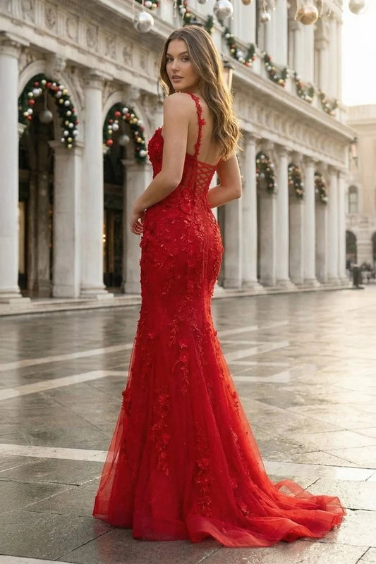 Red Lace Mermaid Sweetheart Lace Up Back Floor-Length Dress Back View - Aabei Dress
