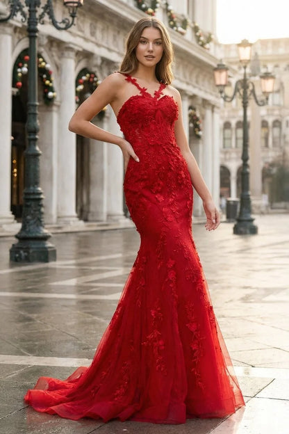 Red Lace Mermaid Sweetheart Lace Up Back Floor-Length Dress Front View - Aabei Dress