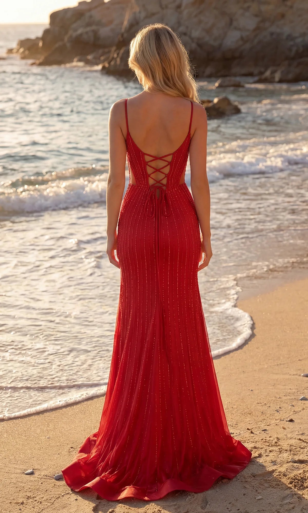 Red Mesh with Beadings Mermaid Sweetheart Lace Up Back Floor Length Dress Back View - Aabei Dress