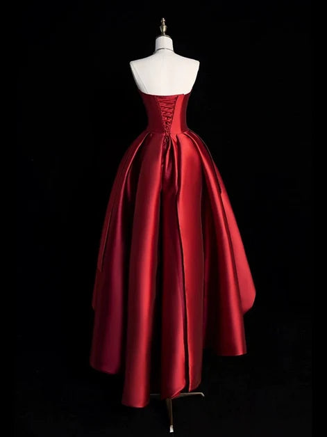 Red Satin A-Line Straight Neck Lace-up Asymmetrical Dress Back View - Aabei Dress