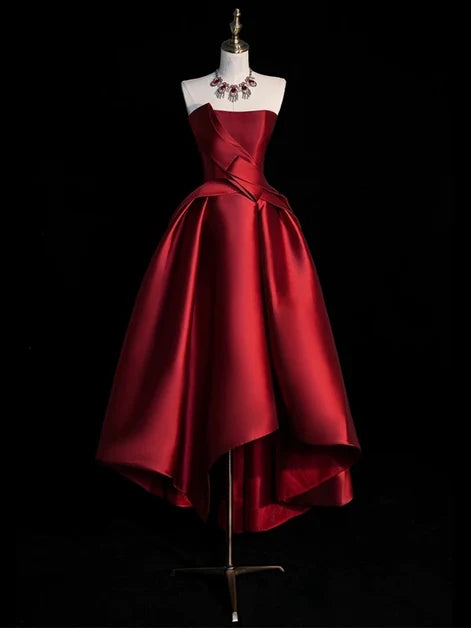 Red Satin A-Line Straight Neck Lace-up Asymmetrical Dress Front View - Aabei Dress