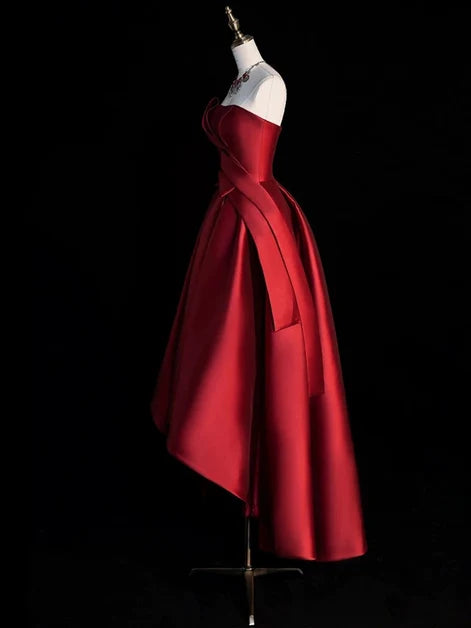 Red Satin A-Line Straight Neck Lace-up Asymmetrical Dress - Aabei Dress