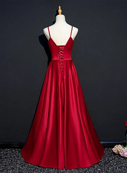 Red Satin A-Line Sweetheart Lace-Up Back Floor-Length Dress Back View - Aabei Dress