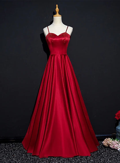 Red Satin A-Line Sweetheart Lace-Up Back Floor-Length Dress Front View - Aabei Dress