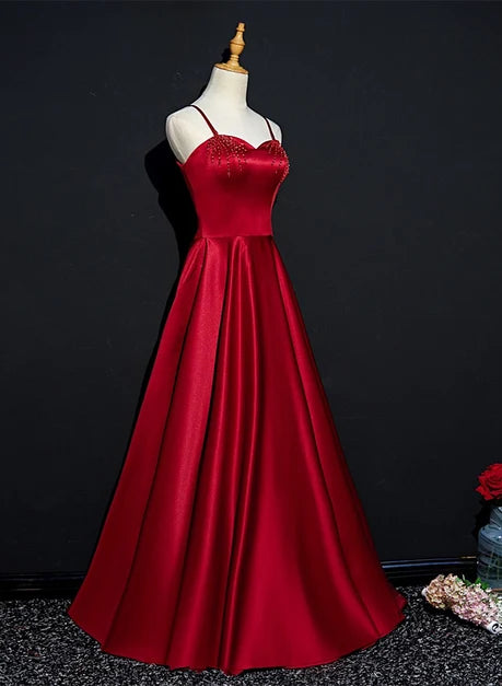 Red Satin A-Line Sweetheart Lace-Up Back Floor-Length Dress - Aabei Dress
