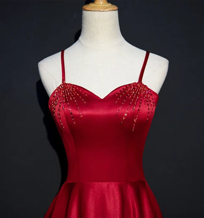 Red Satin A-Line Sweetheart Lace-Up Back Floor-Length Dress - Aabei Dress