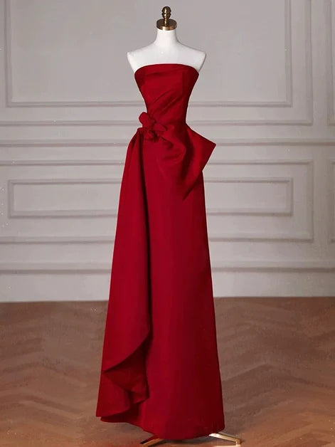 Red Satin Sheath Column Straight Across Zipper Back Floor Length Dress Front View - Aabei Dress
