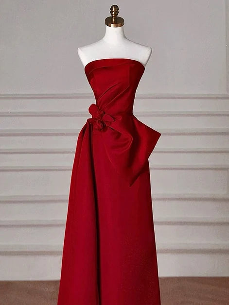 Red Satin Sheath Column Straight Across Zipper Back Floor Length Dress - Aabei Dress