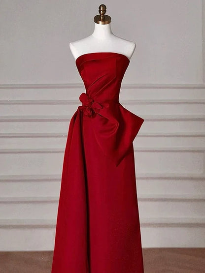 Red Satin Sheath Column Straight Across Zipper Back Floor Length Dress - Aabei Dress