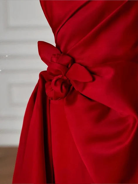 Red Satin Sheath Column Straight Across Zipper Back Floor Length Dress - Aabei Dress