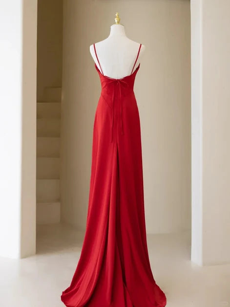 Red Satin sheath-column sweetheart tie-back floor-length Dress Back View - Aabei Dress