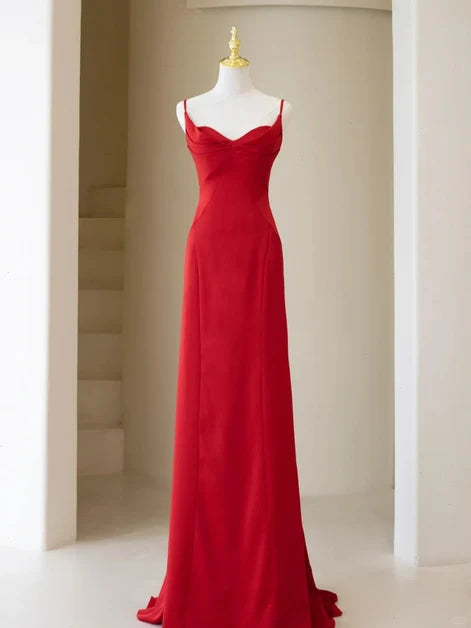 Red Satin sheath-column sweetheart tie-back floor-length Dress Front View - Aabei Dress