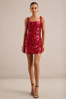 Red Sequin Bodycon Square Neck Zipper Back Mini Dress Front View - Aabei Dress