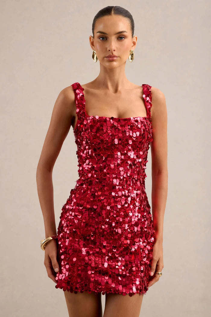 Red Sequin Bodycon Square Neck Zipper Back Mini Dress - Aabei Dress