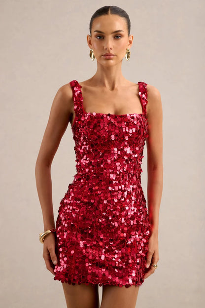 Red Sequin Bodycon Square Neck Zipper Back Mini Dress - Aabei Dress