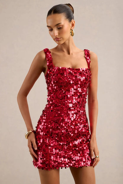 Red Sequin Bodycon Square Neck Zipper Back Mini Dress - Aabei Dress